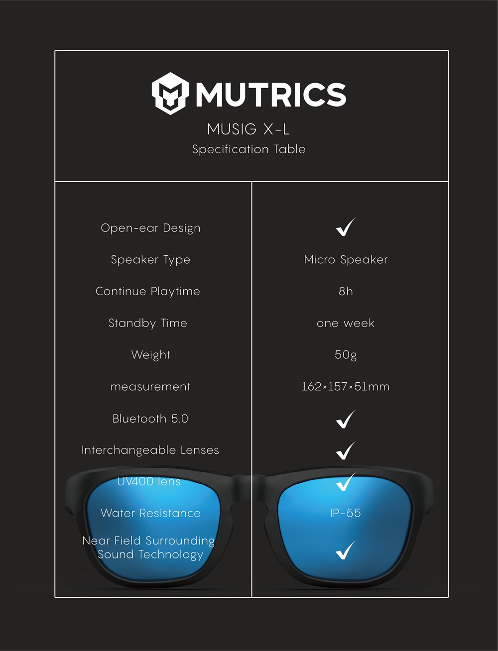 Mutrics MUSIG-X Smart Audio Sunglasses Audio Qualcomm AptX cVc Virtual 5.1 IP55 Siri Assistant - Black