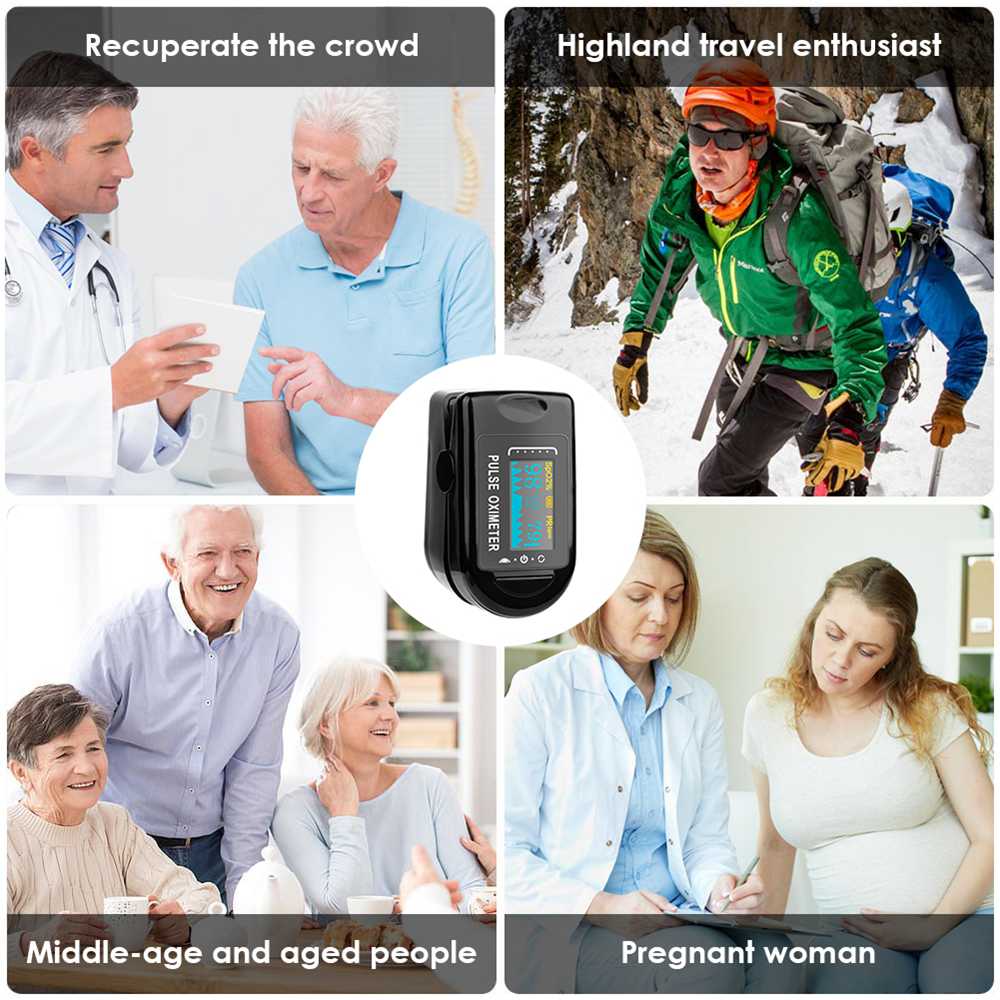 Portable Fingertip Oximeter Blood Oxygen Heart Rate Monitor LED Display With Alarm System - Black