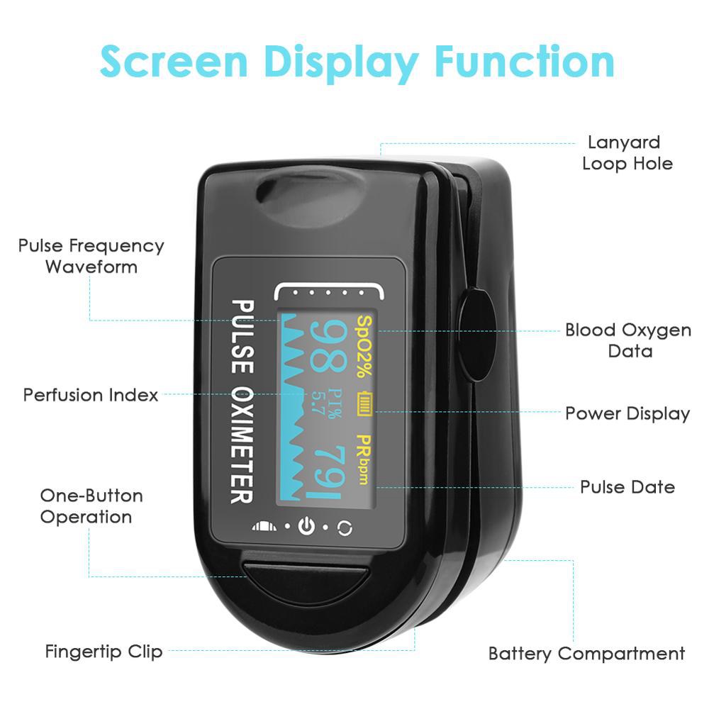Portable Fingertip Oximeter Blood Oxygen Heart Rate Monitor LED Display With Alarm System - Black