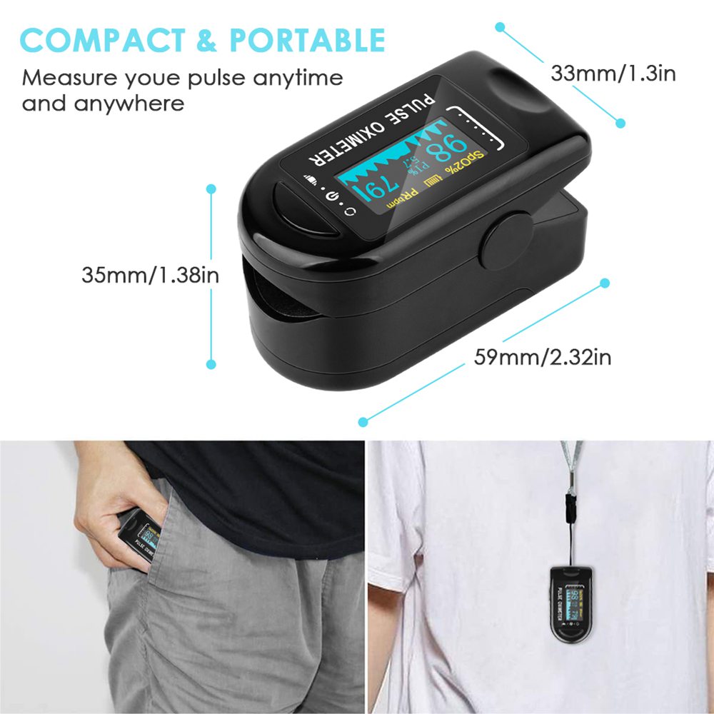 Portable Fingertip Oximeter Blood Oxygen Heart Rate Monitor LED Display With Alarm System - Black