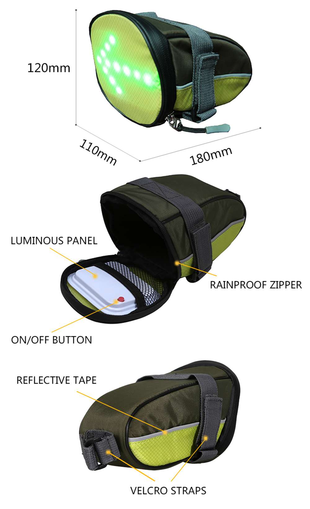 YKWB-B1030 Bicycle Taillight Bag Illuminated Warning Signal Bag With Remote Control - Green