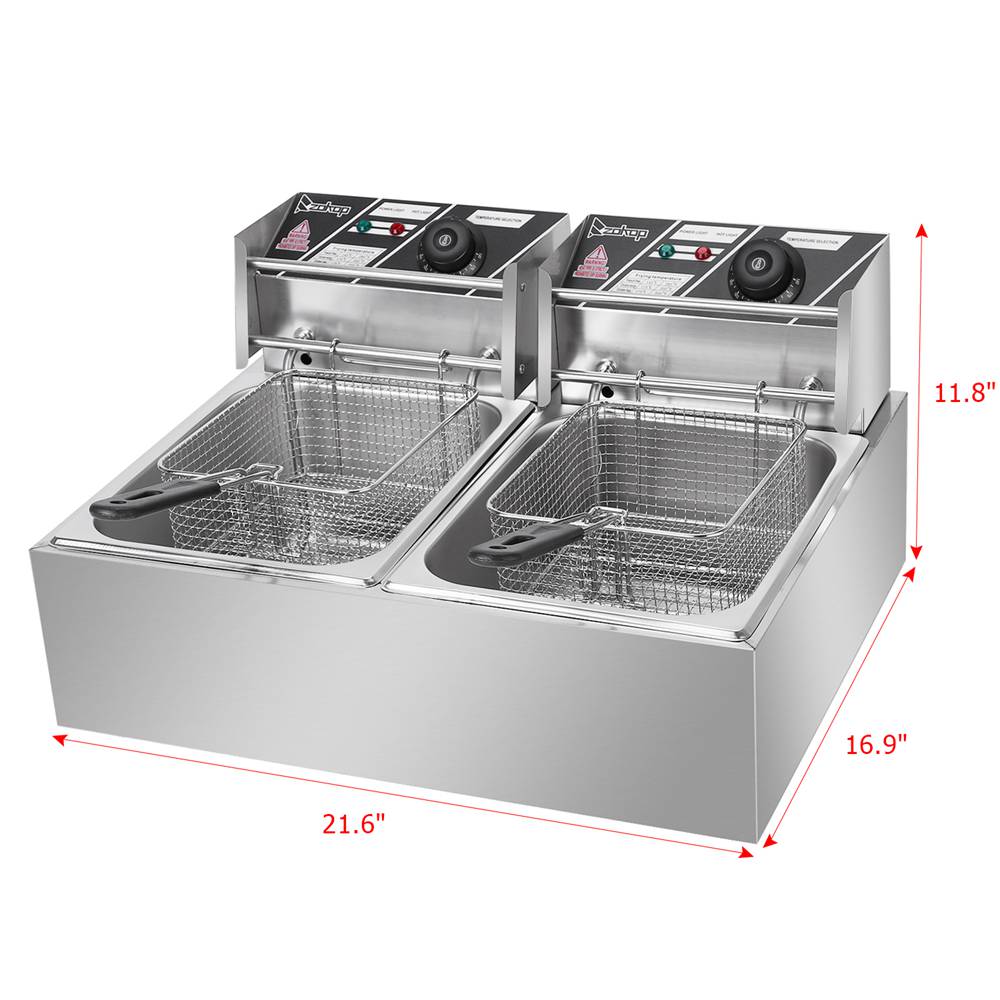 ZOKOP EH82 Stainless Steel Dual Cylinder Electric Fryer 110V Voltage 12L Capacity&nbsp; 5000W Max Power Temperature Setting For Fried Food - Silver