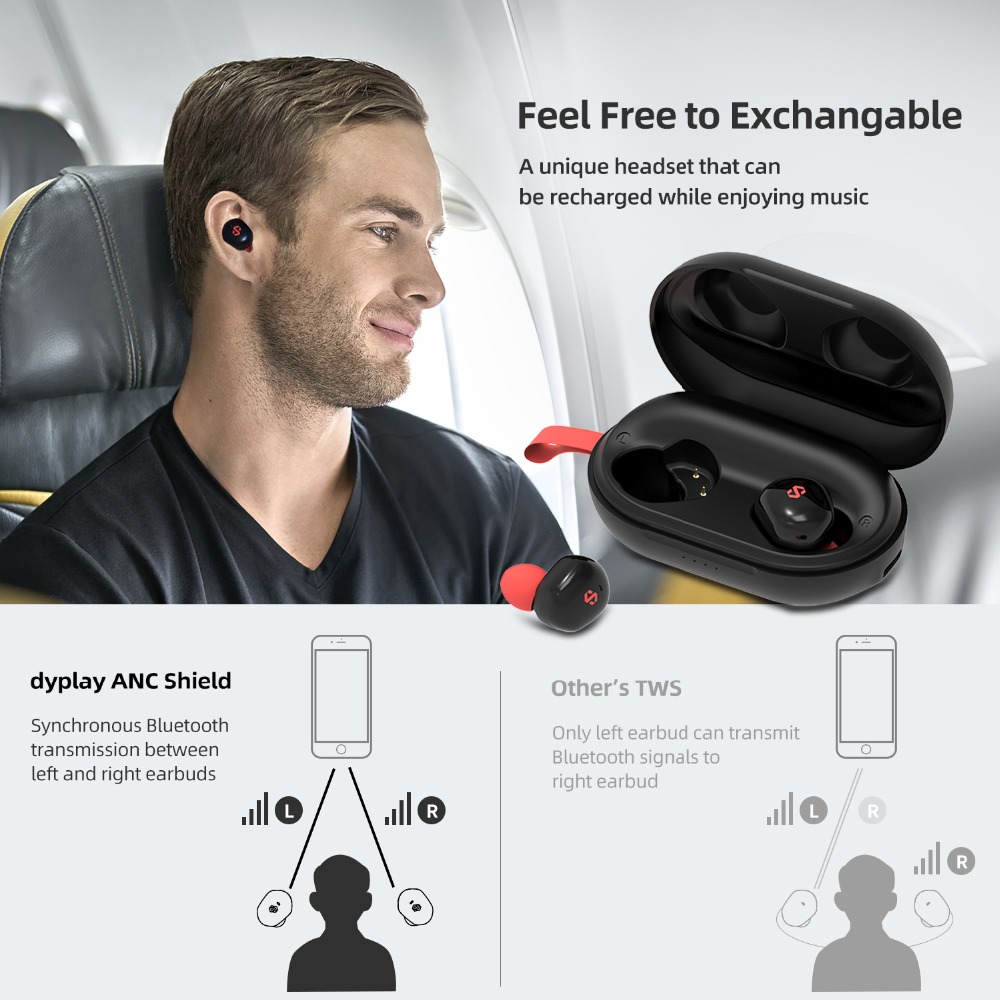 dyplay ANC Shield Bluetooth 5.0 TWS Earphones Active Noice Cancelling 45H Playtime Independent Use Airoha 1536 Auto Pairing