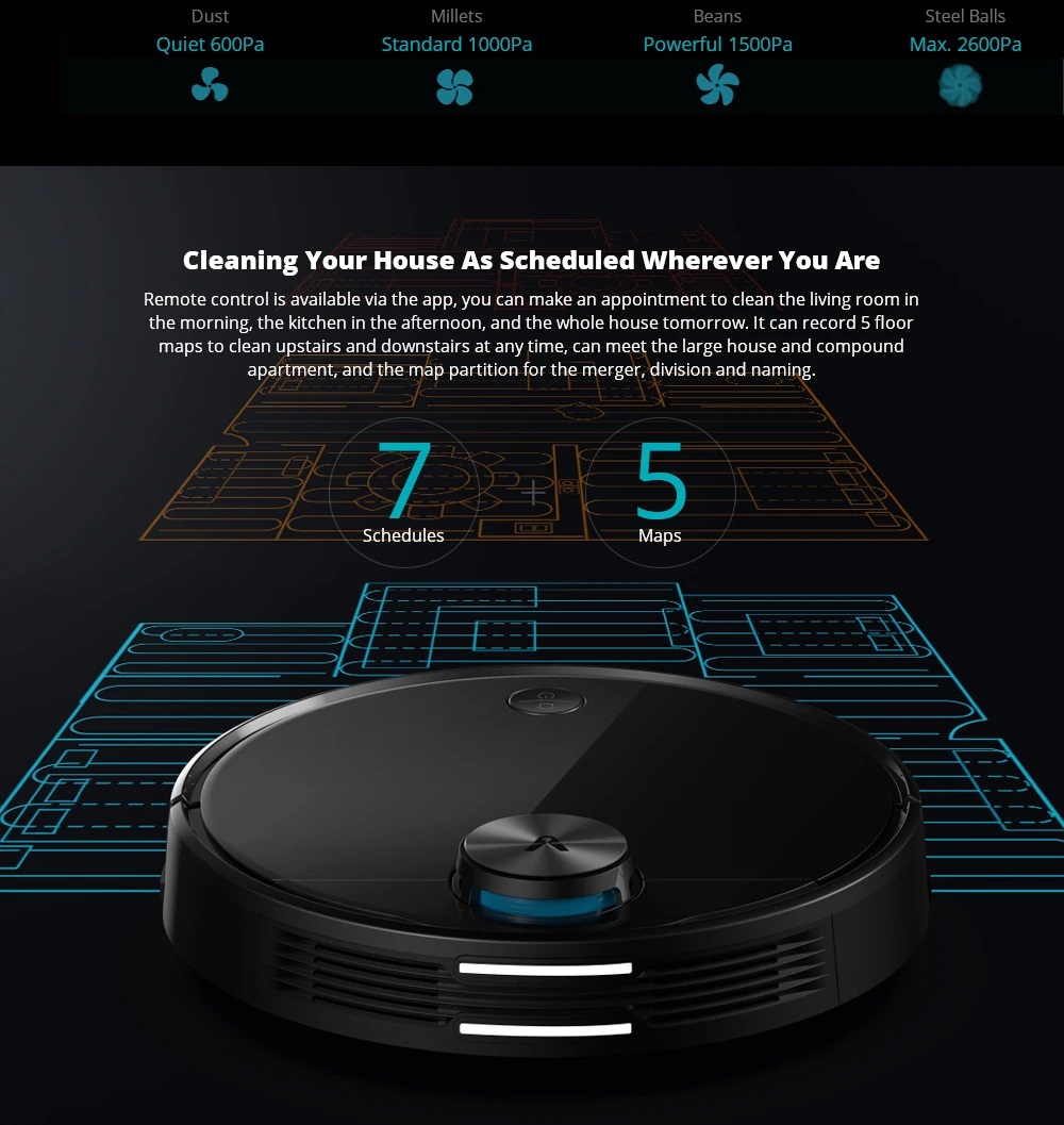 Xiaomi Viomi V3 Smart AI Robot Vacuum Cleaner 2600pa Suction 4900mAh Battery 3 Modes 550ml Water Tank With Disposable Disinfecting Rag Support 5 Maps - Black