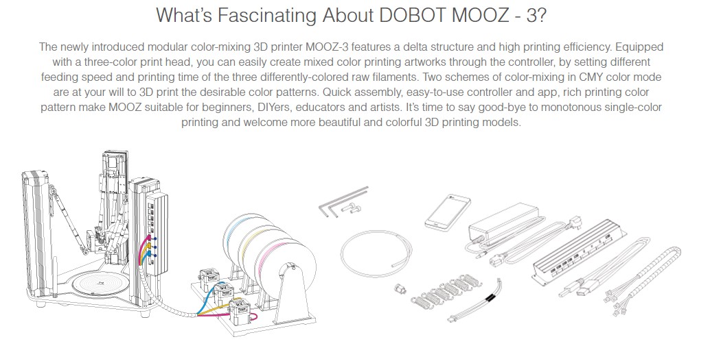 DOBOT MOOZ-3 Color Mixing 3D Printer 3-in 1-out Mix Color Print Head Full Color Range Triple Extruder Glass Heated Bed M