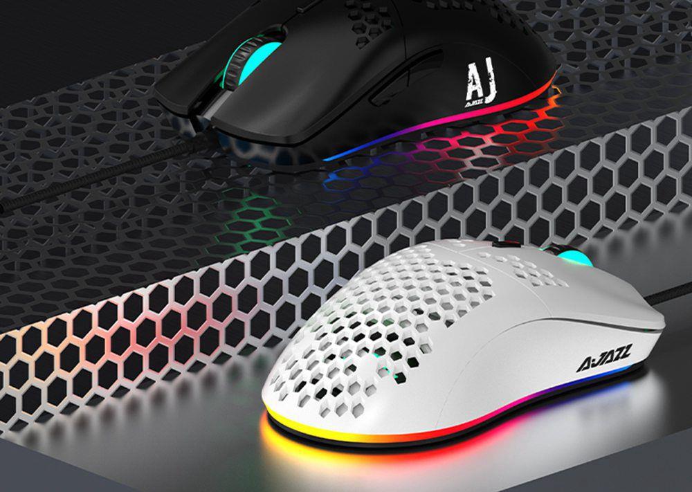 Ajazz AJ390 Ultralight Optical Wired Mouse Hollow-out RGB Light 16000 DPI Adjustable 7 keys - White