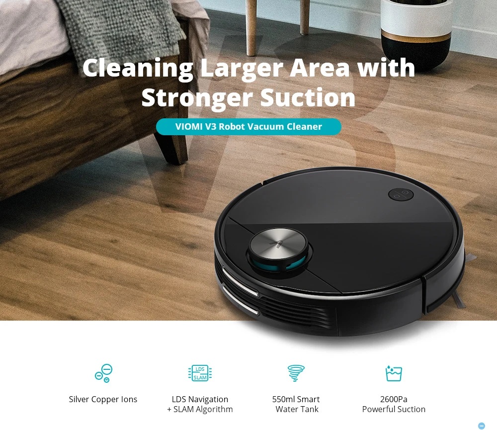 Xiaomi Viomi V3 Smart AI Robot Vacuum Cleaner 2600pa Suction 4900mAh Battery 3 Modes 550ml Water Tank With Disposable Disinfecting Rag Support 5 Maps - Black