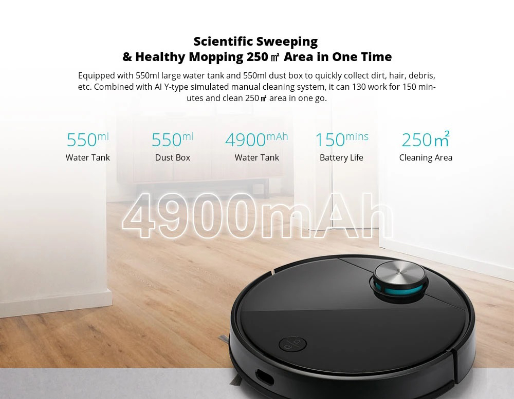 Xiaomi Viomi V3 Smart AI Robot Vacuum Cleaner 2600pa Suction 4900mAh Battery 3 Modes 550ml Water Tank With Disposable Disinfecting Rag Support 5 Maps - Black