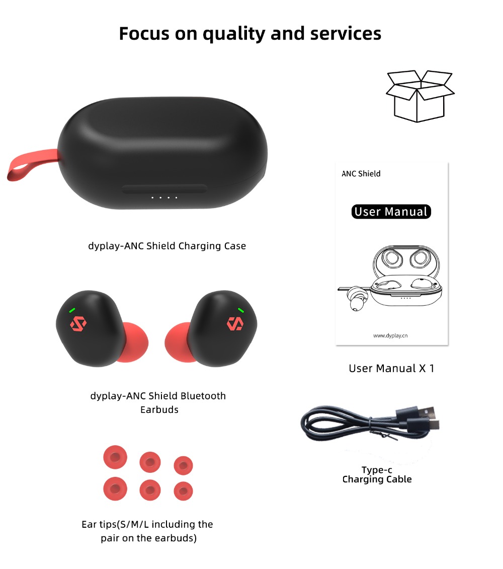dyplay ANC Shield Bluetooth 5.0 TWS Earphones Active Noice Cancelling 45H Playtime Independent Use Airoha 1536 Auto Pairing