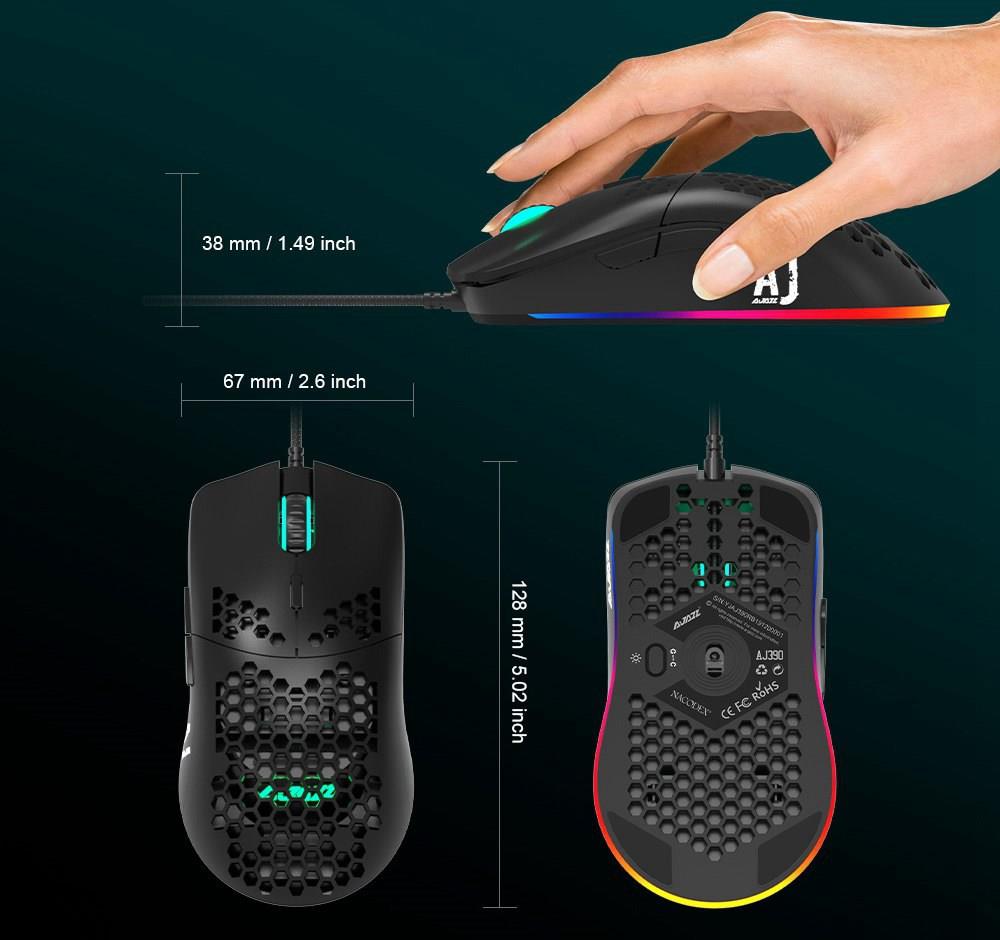 Ajazz AJ390 Ultralight Optical Wired Mouse Hollow-out RGB Light 16000 DPI Adjustable 7 keys - White
