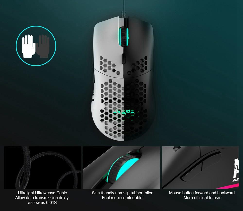 Ajazz AJ390 Ultralight Optical Wired Mouse Hollow-out RGB Light 16000 DPI Adjustable 7 keys - White