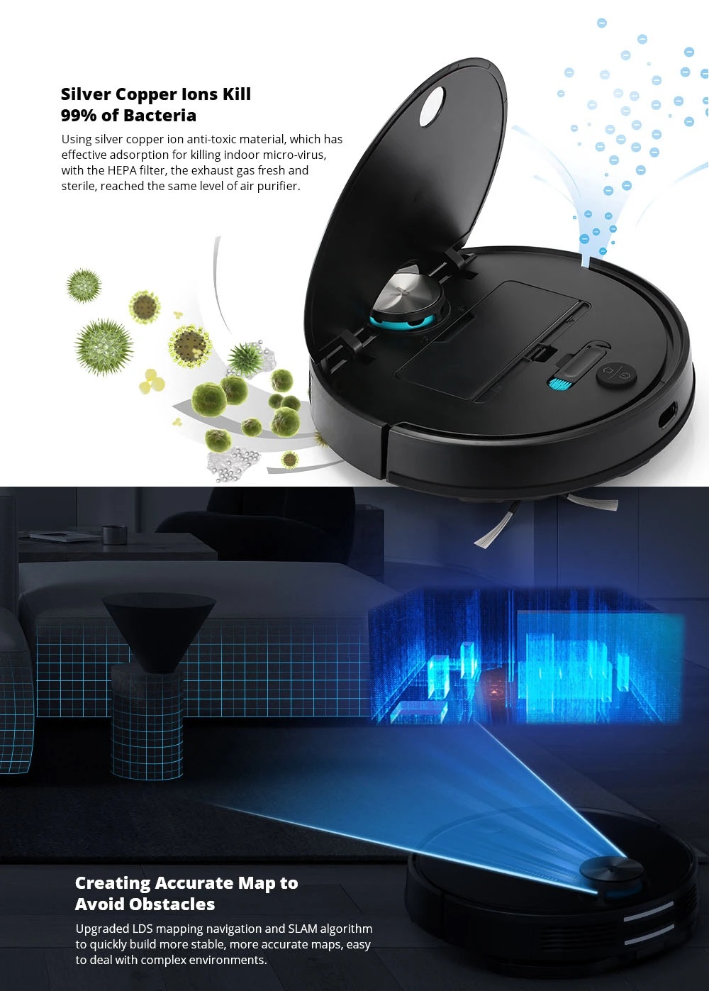 Xiaomi Viomi V3 Smart AI Robot Vacuum Cleaner 2600pa Suction 4900mAh Battery 3 Modes 550ml Water Tank With Disposable Disinfecting Rag Support 5 Maps - Black