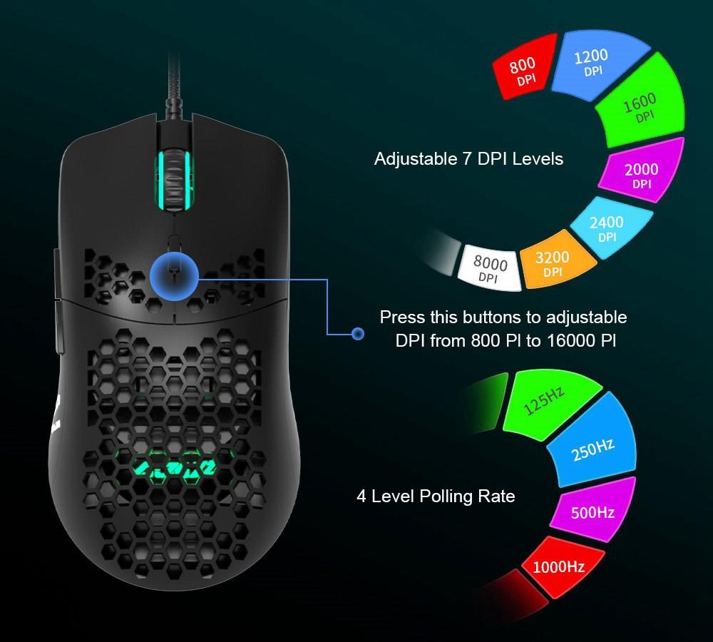 Ajazz AJ390 Ultralight Optical Wired Mouse Hollow-out RGB Light 16000 DPI Adjustable 7 keys - White