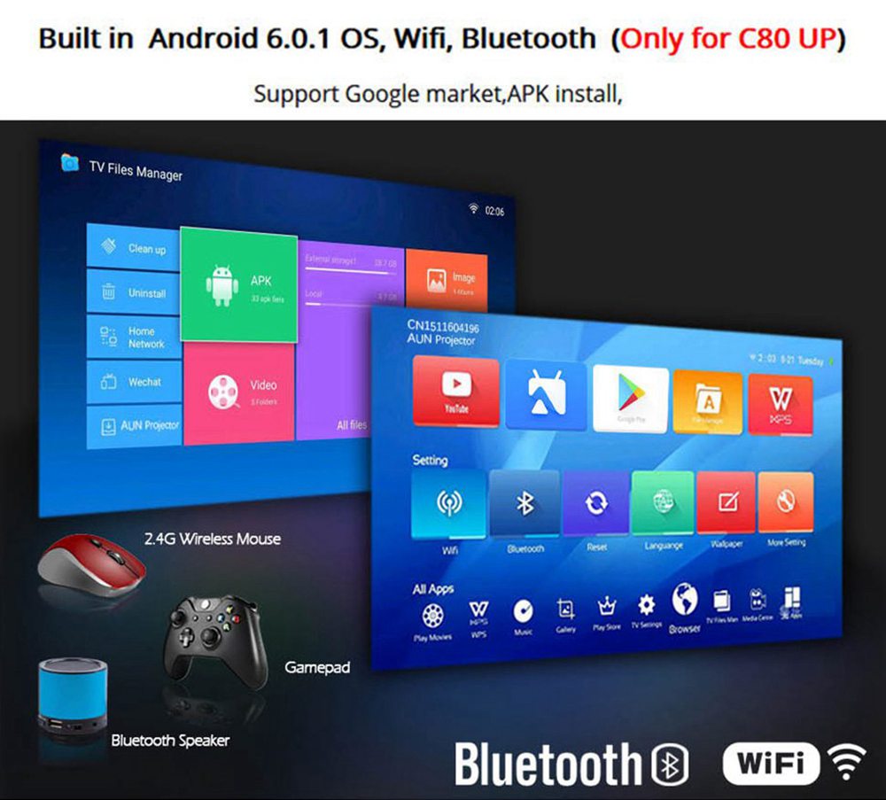 AUN C80UP Mini Android Projector 2200LM 1280*720P Amlogic S905X  WIFI HDMI VGA USB