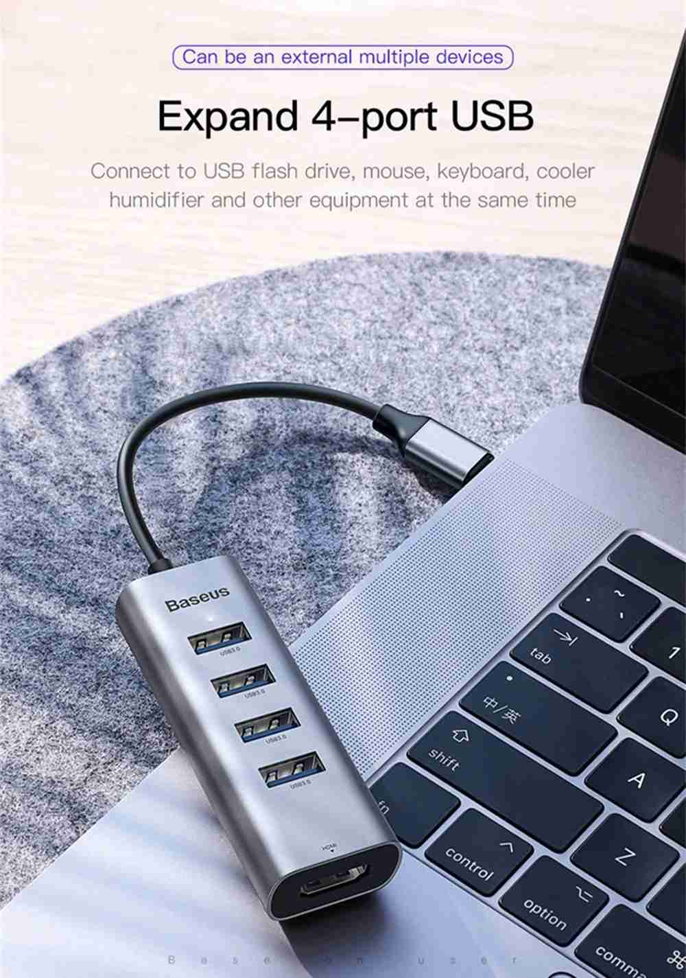 Baseus 5-in-1 Type-C HUB Adapter With 4 x USB 3.0 Ports + 4K HD Display Interface Support Mac OS Sierra / Windows 10 / Google Chrome OS For Type-C Smartphone / Laptop - Grey