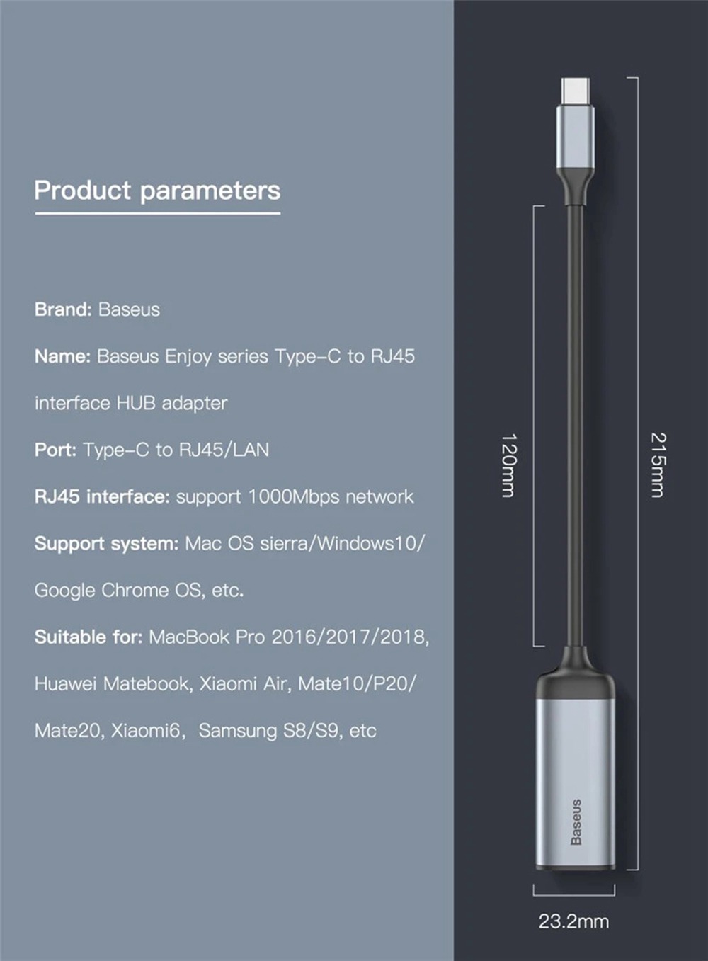 Baseus CAHUB-H0G Type-C To RJ45 LAN Gigabit Adapter HUB For Huawei Xiaomi Samsung Smartphone Tablet Laptop - Grey