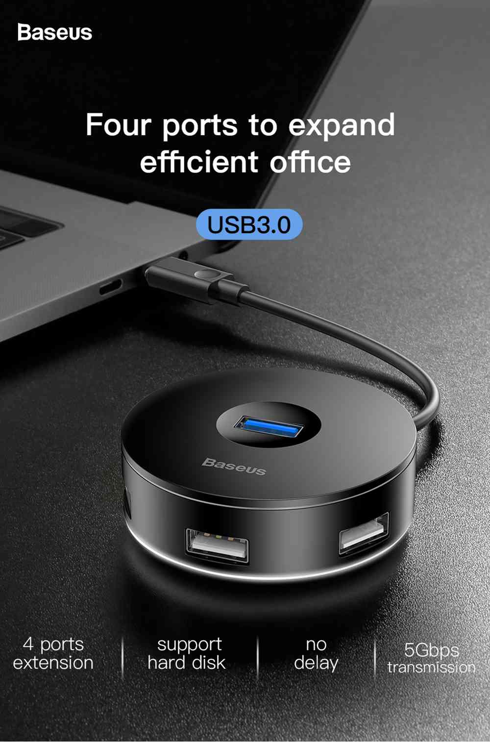 Baseus Round Box 4-in-1 Type-C HUB Adapter 12cm USB3.0 x 1 + USB2.0 x 3 Support 4TB SSD For Laptop Smartphone - Black