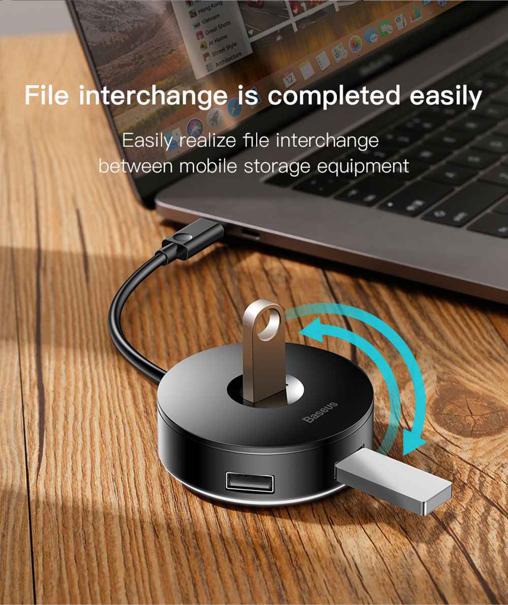 Baseus Round Box 4-in-1 Type-C HUB Adapter 12cm USB3.0 x 1 + USB2.0 x 3 Support 4TB SSD For Laptop Smartphone - Black