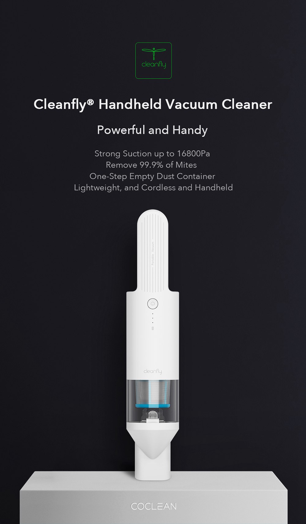 Cleanfly FV2 Portable Cordless Handheld Vacuum Cleaner 120W Brushless Digital Motor 16800Pa Suction Mite Removal Rate 99.9% One-click Dusting 3 x 2000 mAh Battery 25min Runtime For Sofa / Car Seat / Pet Hair From Xiaomi Youpin - White