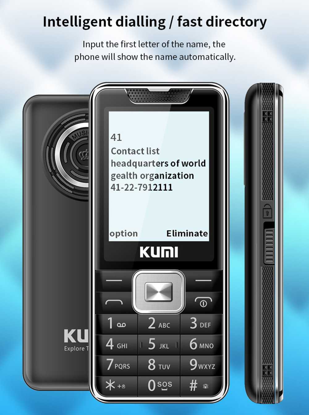 KUMI Mi1 English Version Function Phone 2.4 Inch TFT Screen 32MB RAM 32MB ROM 1700mAh Battery Dual SIM Dual Standby One Key SOS With Infrared Thermometer - Black