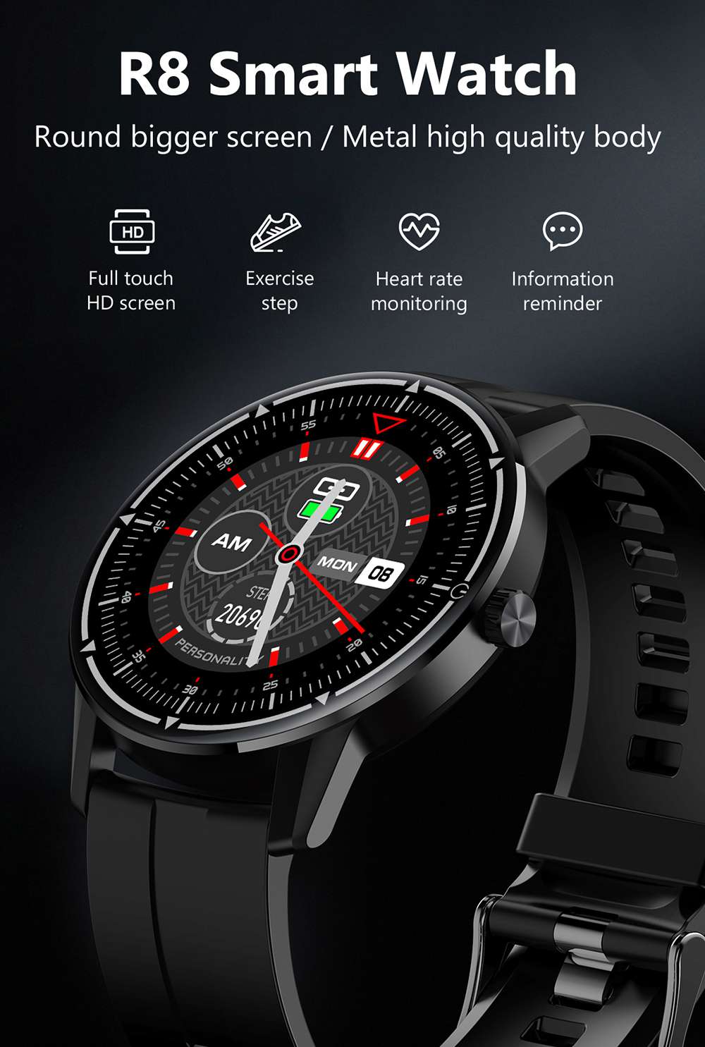Makibes R8 Smart Watch 1.3 Inch IPS Touch Screen IP67 Heart Rate Blood Pressure Monitor - Black