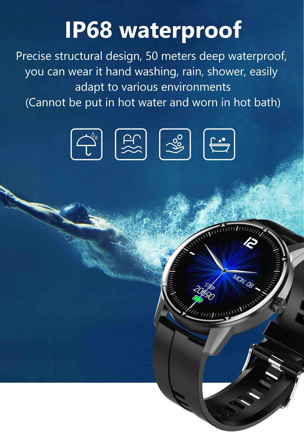 Makibes R8 Smart Watch 1.3 Inch IPS Touch Screen IP67 Heart Rate Blood Pressure Monitor - Black