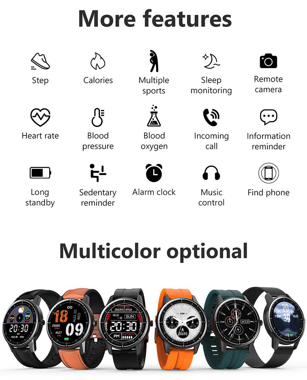 Makibes R8 Smart Watch 1.3 Inch IPS Touch Screen IP67 Heart Rate Blood Pressure Monitor - Black