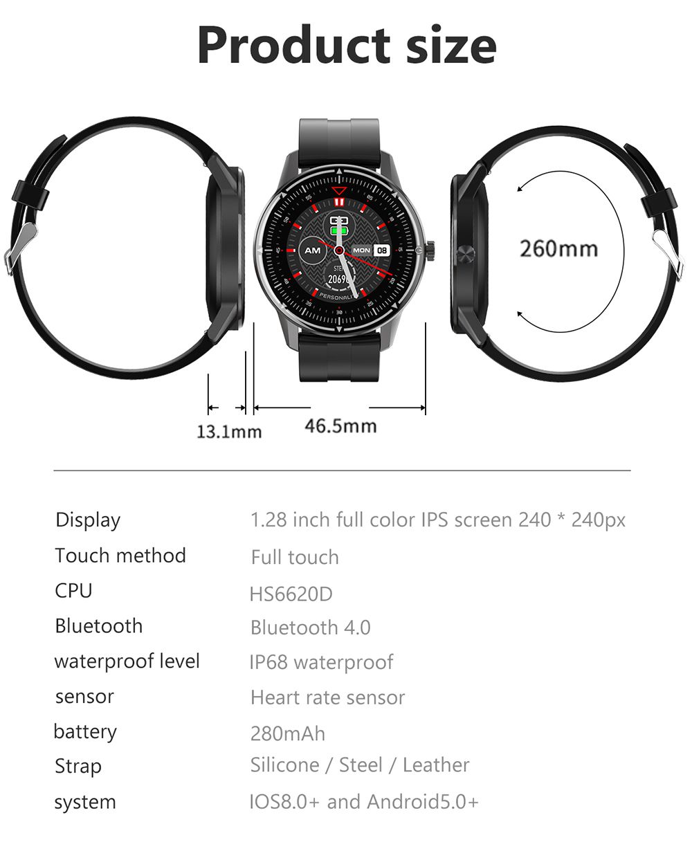 Makibes R8 Smart Watch 1.3 Inch IPS Touch Screen IP67 Heart Rate Blood Pressure Monitor - Black