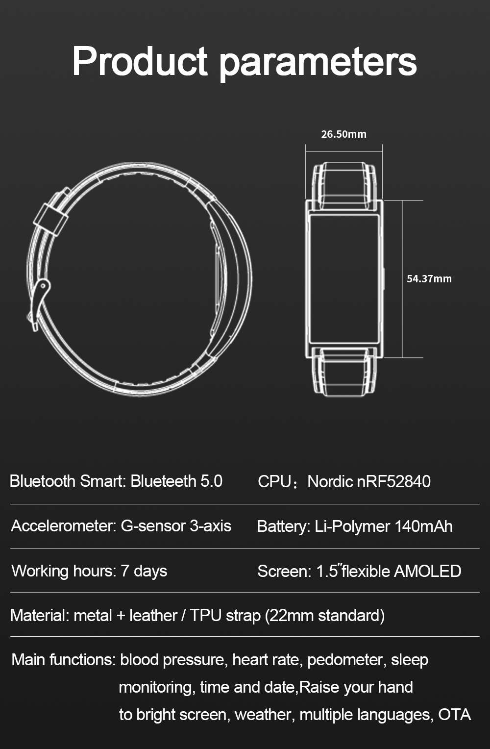 Makibes T20 Smartwatch 1.5 Inch AMOLED Display with Curved-screen - Black