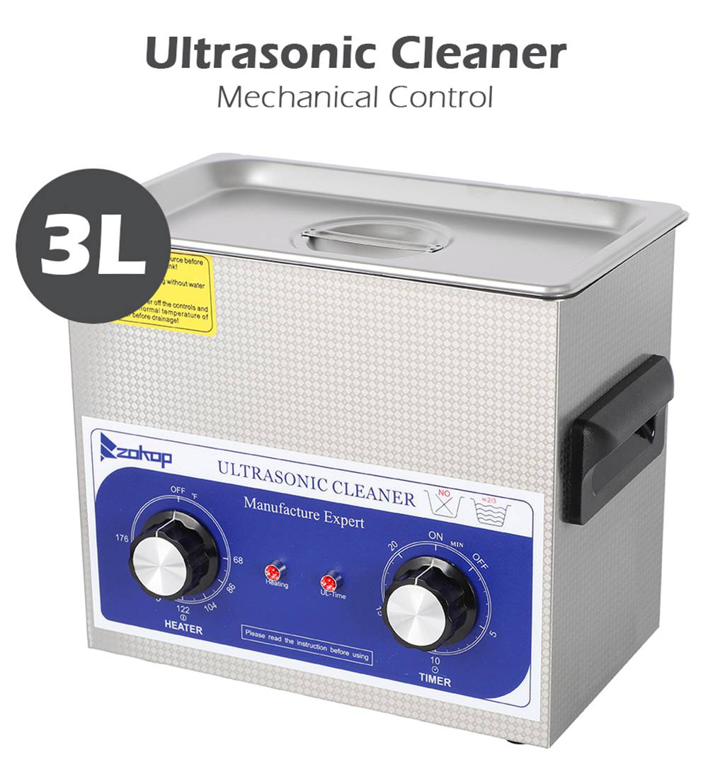 ZOKOP 230HT Stainless Steel Ultrasonic Cleaner 3L Capacity 120W Power 40KHz Frequency Time Setting Adjustable Heating Temperature For Jewelry / Commodity / Glasses / Coins / Metal Parts - Blue