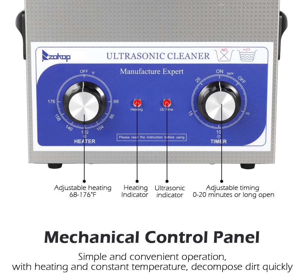 ZOKOP 230HT Stainless Steel Ultrasonic Cleaner 3L Capacity 120W Power 40KHz Frequency Time Setting Adjustable Heating Temperature For Jewelry / Commodity / Glasses / Coins / Metal Parts - Blue