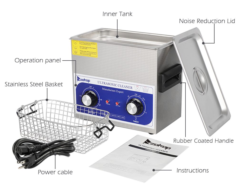 ZOKOP 230HT Stainless Steel Ultrasonic Cleaner 3L Capacity 120W Power 40KHz Frequency Time Setting Adjustable Heating Temperature For Jewelry / Commodity / Glasses / Coins / Metal Parts - Blue