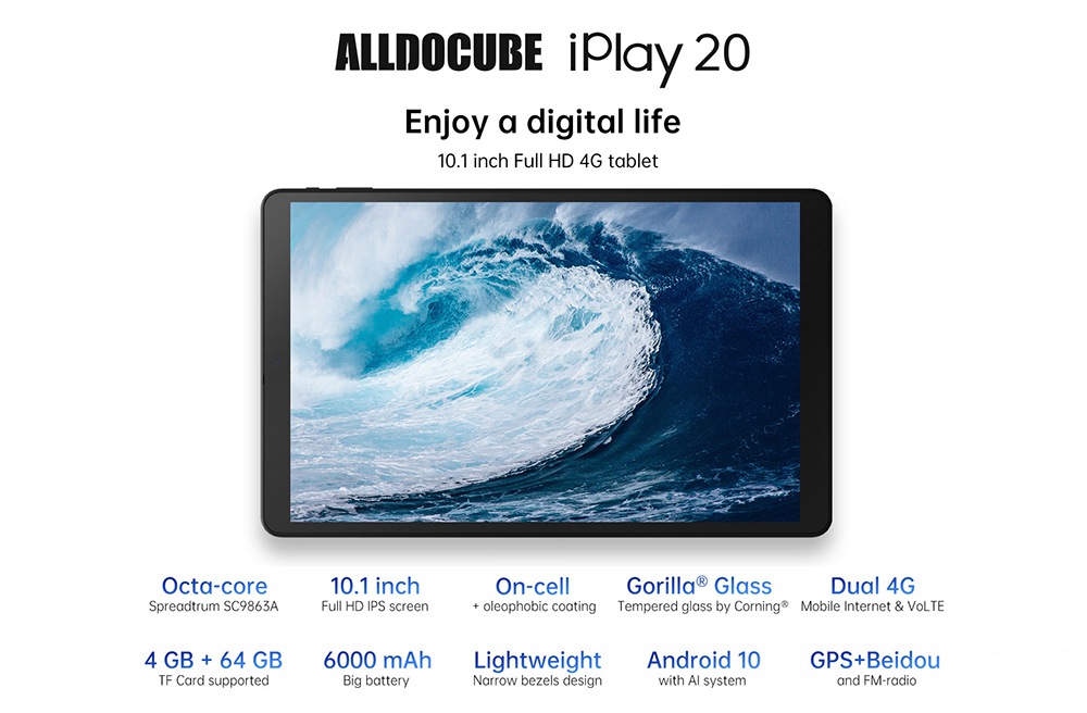 ALLDOCUBE iplay20 4G LTE Tablet PC UNISOC SC9863A Octa Core 10.1 Inch 1920 x 1200 IPS Screen Android 9.0 4GB RAM 64GB ROM Dual Camera 6000mAh Battery  - Black