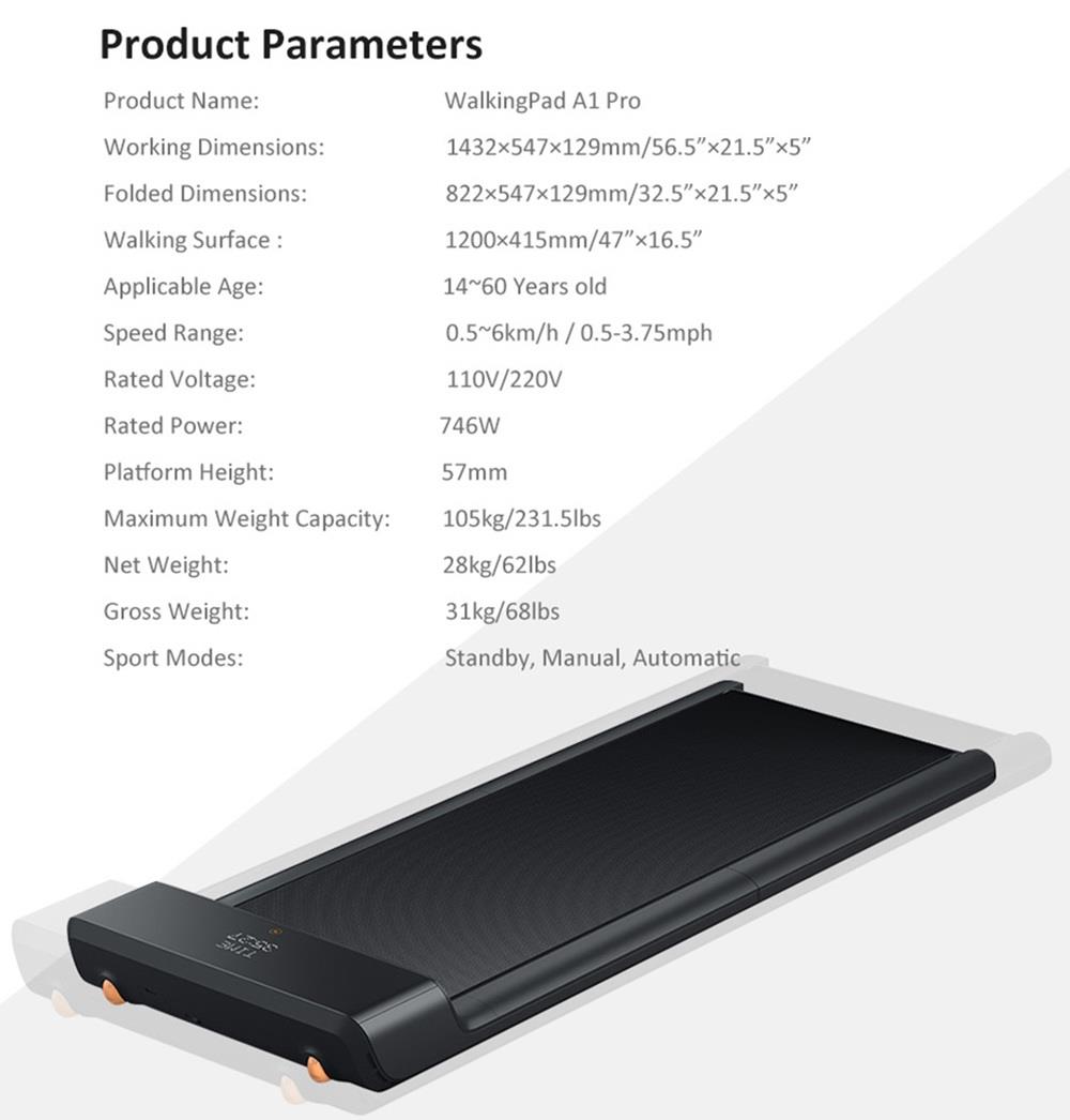 Xiaomi WalkingPad A1 Pro Fitness Walking Machine Foldable Treadmill Electric Gym Equipment LED Display Smart APP Control 2 Sport Modes 100kg Load Capacity- Black