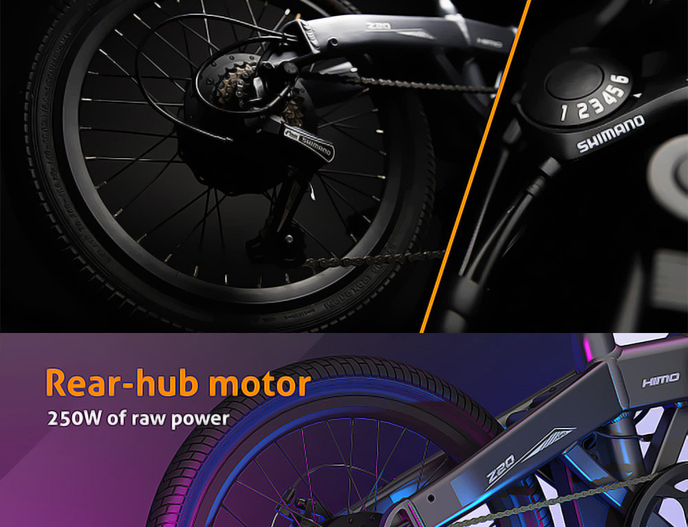 Bicicleta eléctrica plegable HIMO Z20 Neumático de 20 pulgadas Motor de 250 W CC Hasta 80 km Alcance Batería extraíble Shimano Transmisión de 6 velocidades Pantalla inteligente Freno de disco doble Versión CN - Gris