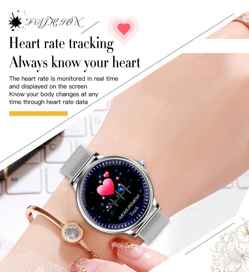 Makibes NY12 Women Smartwatch Heart Rate Sleep Monitor 1.08 Inch IPS Round Screen IP67 Water Resistant Leather Strap - Silver