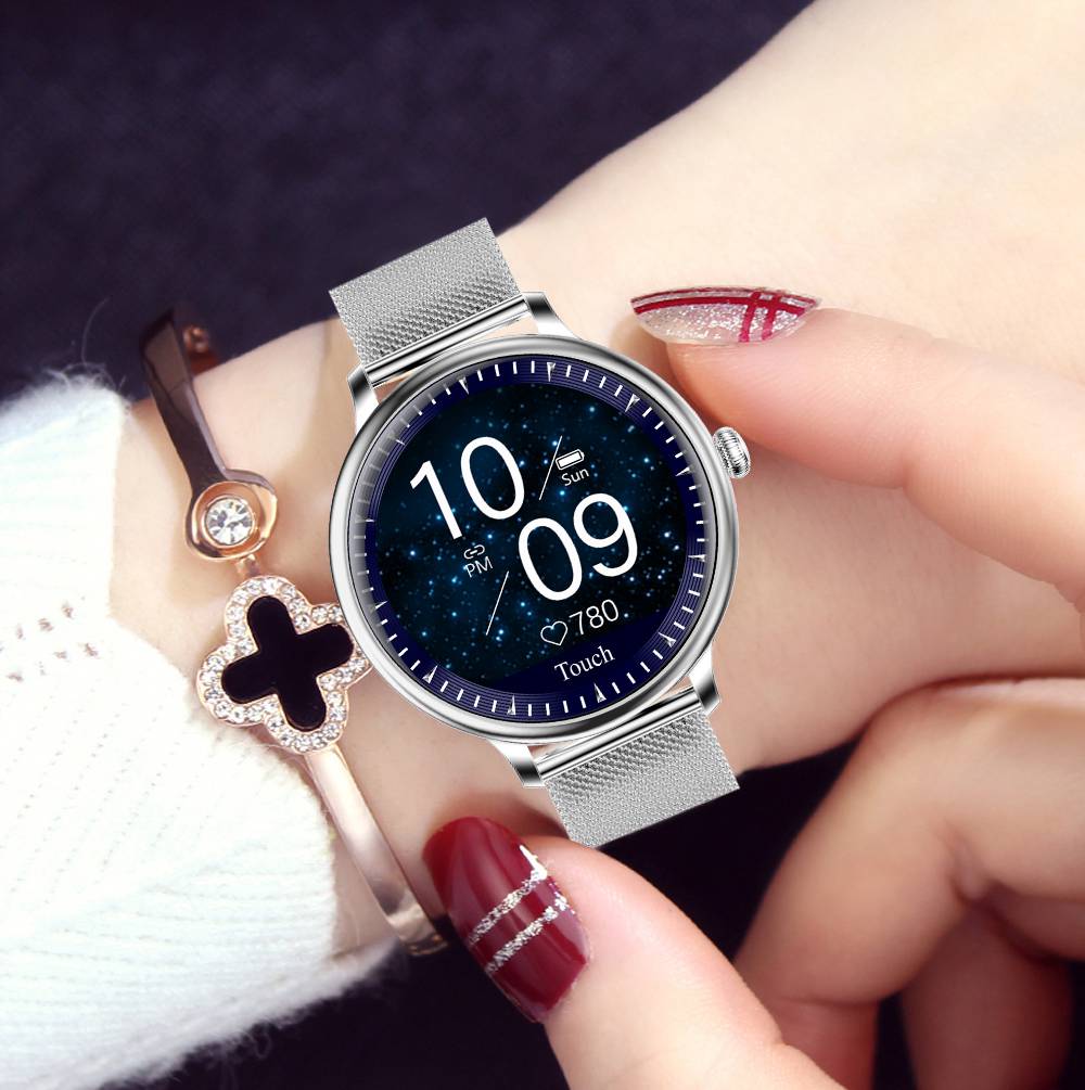 Makibes NY12 Women Smartwatch Heart Rate Sleep Monitor 1.08 Inch IPS Round Screen IP67 Water Resistant Leather Strap - Silver
