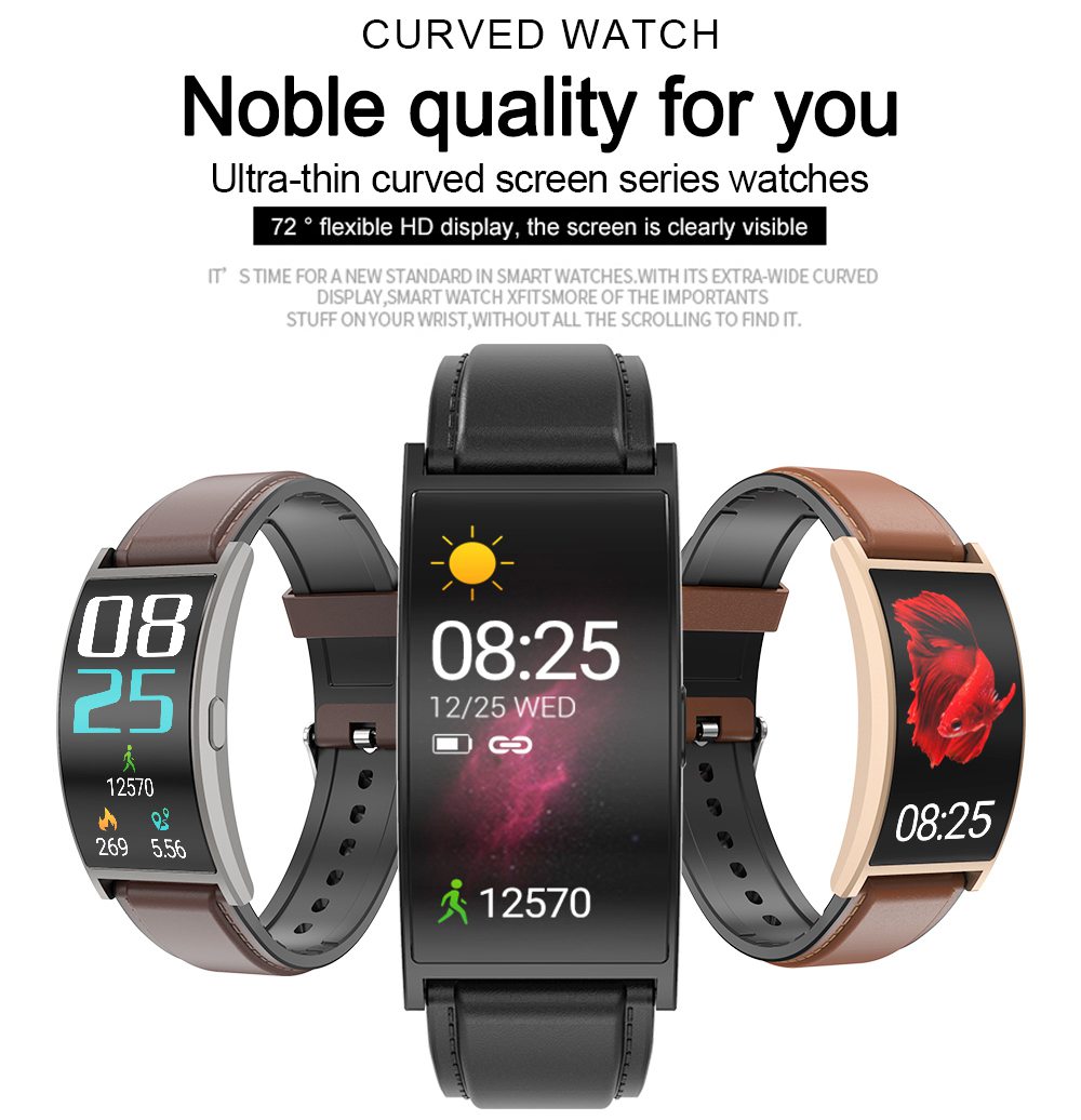 Makibes T20 Smartwatch Blood Pressure Monitor 1.5 Inch Curved Screen IP67 Water Resistant Heart Rate Sleep Tracker Leather Strap - Gold