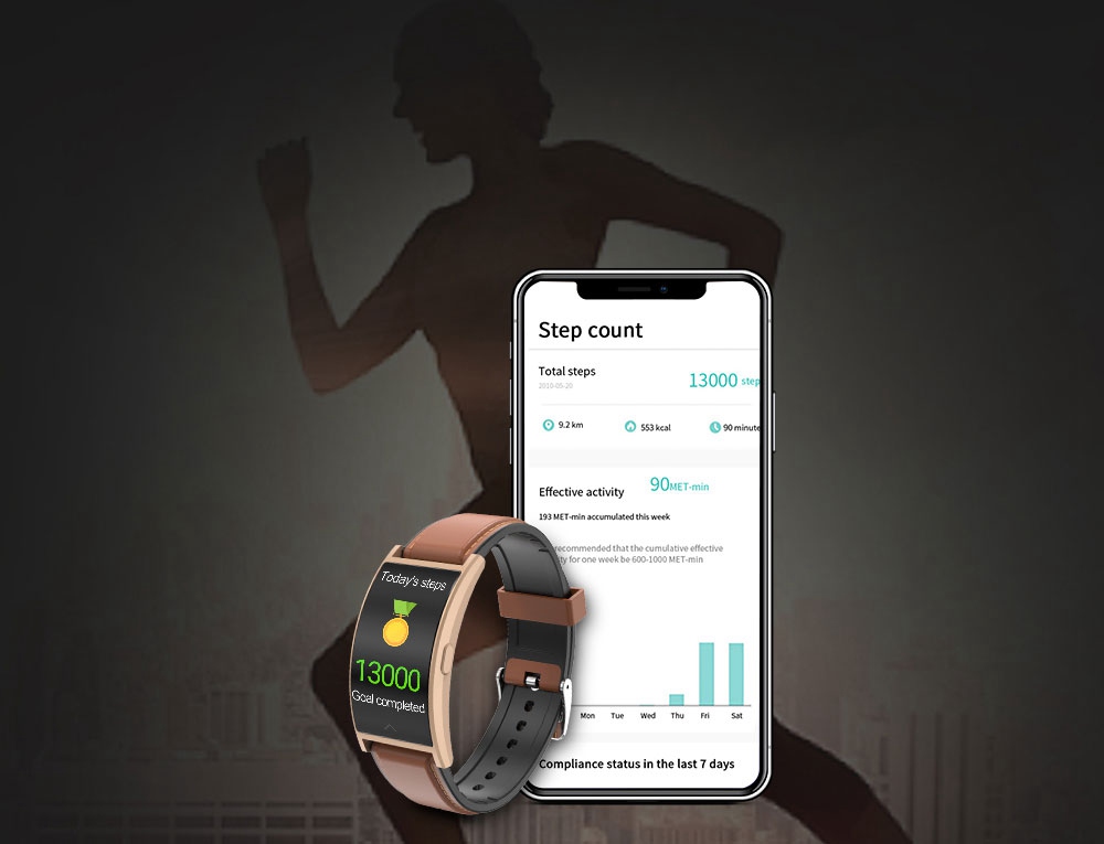 Makibes T20 Smartwatch Blood Pressure Monitor 1.5 Inch Curved Screen IP67 Water Resistant Heart Rate Sleep Tracker Leather Strap - Gold