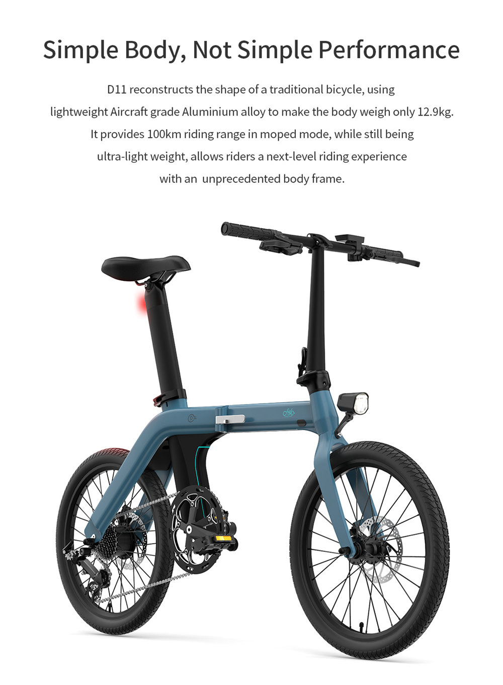 FIIDO D11 Folding Electric Moped Bicycle 20 Inch Tire 250W Brushless Motor Max Speed 25km/h Three Modes 11.6AH Lithium Battery Up To 100km Range Adjustable Height Dual Disc Brake LCD Display - Blue