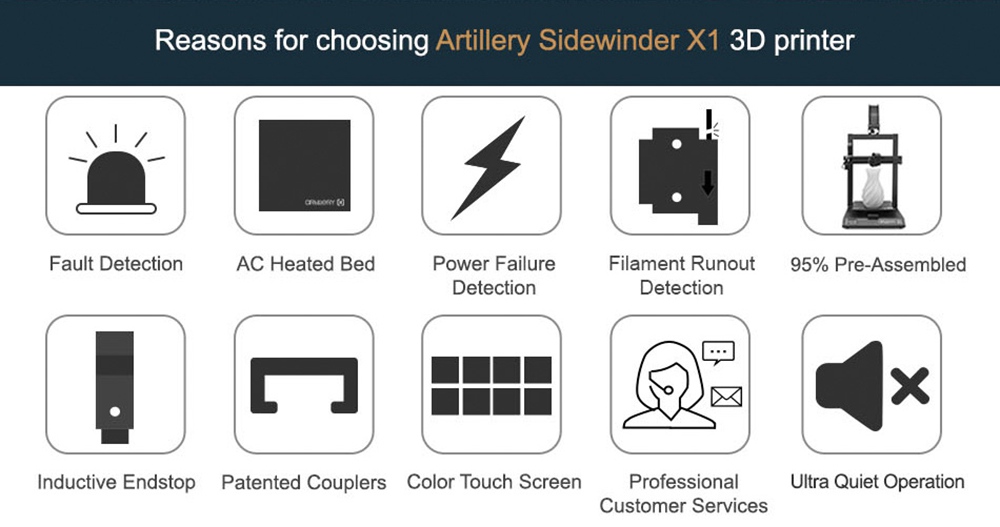 Artillery Sidewinder X1 SW-X1 3D nyomtató 300x300x400mm nagy pontosságú, két Z tengelyes TFT érintőképernyő