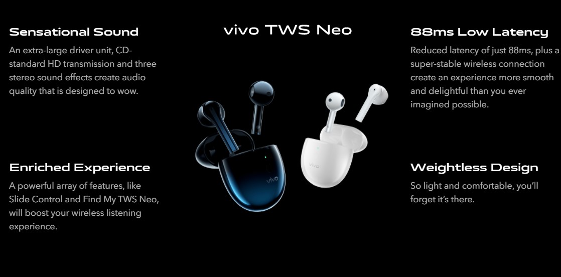 VIVO TWS Neo Bluetooth 5.2 TWS Earphones Qualcomm Aptx Adaptive AI Noise Cancelling DeepX Stereo Sound In Ear Detection - White