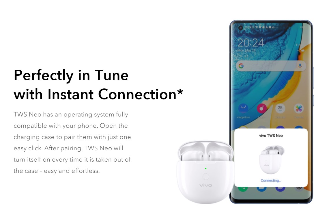 VIVO TWS Neo Bluetooth 5.2 TWS Earphones Qualcomm Aptx Adaptive AI Noise Cancelling DeepX Stereo Sound In Ear Detection - Blue