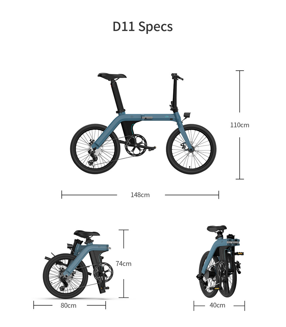 FIIDO D11 Folding Electric Moped Bicycle 20 Inch Tire 250W Brushless Motor Max Speed 25km/h Three Modes 11.6AH Lithium Battery Up To 100km Range Adjustable Height Dual Disc Brake LCD Display - Blue