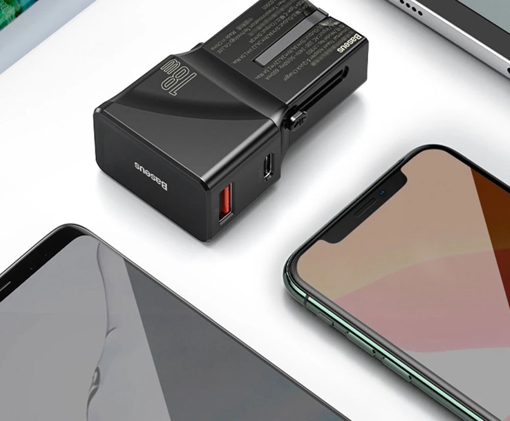 Baseus 18W C+U Adapter Conversion Charger 2-Port PPS PD 3.0 QC 3.0 Fast Charger USB-C USB  International Plug - Black