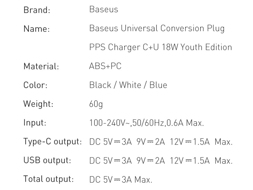 Baseus 18W C+U Adapter Conversion Charger 2-Port PPS PD 3.0 QC 3.0 Fast Charger USB-C USB  International Plug - Black