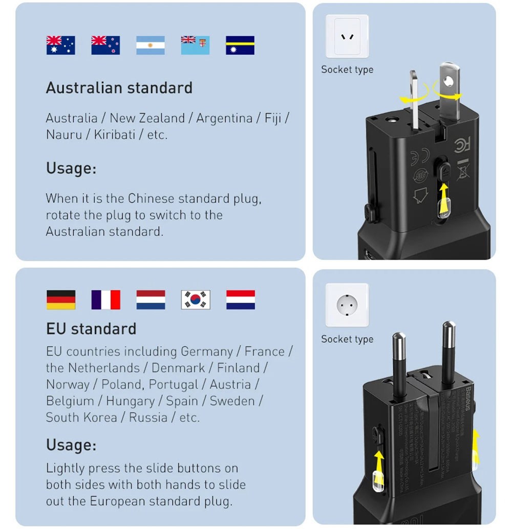 Baseus 18W C+U Adapter Conversion Charger 2-Port PPS PD 3.0 QC 3.0 Fast Charger USB-C USB  International Plug - Black