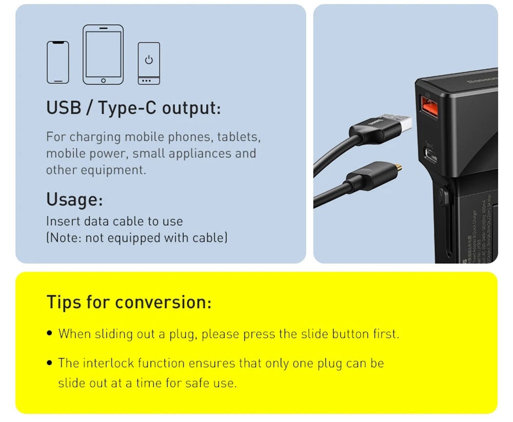 Baseus 18W C+U Adapter Conversion Charger 2-Port PPS PD 3.0 QC 3.0 Fast Charger USB-C USB  International Plug - Black