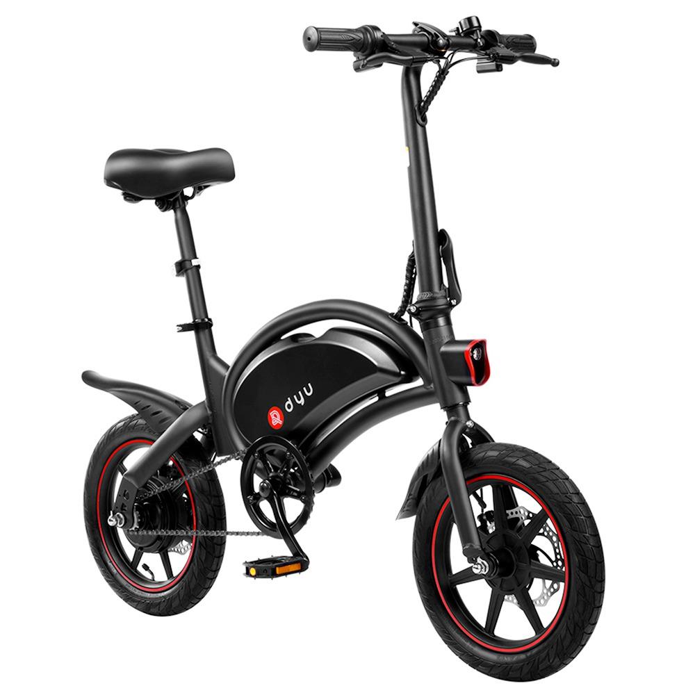 DYU D3F with Pedal Folding Moped Electric Bike 14 Inch Inflatable Rubber Tires 240W Motor 10Ah Battery Max Speed 25km/h Up To 45km Range Dual Disc Brakes Adjustable Height – Black