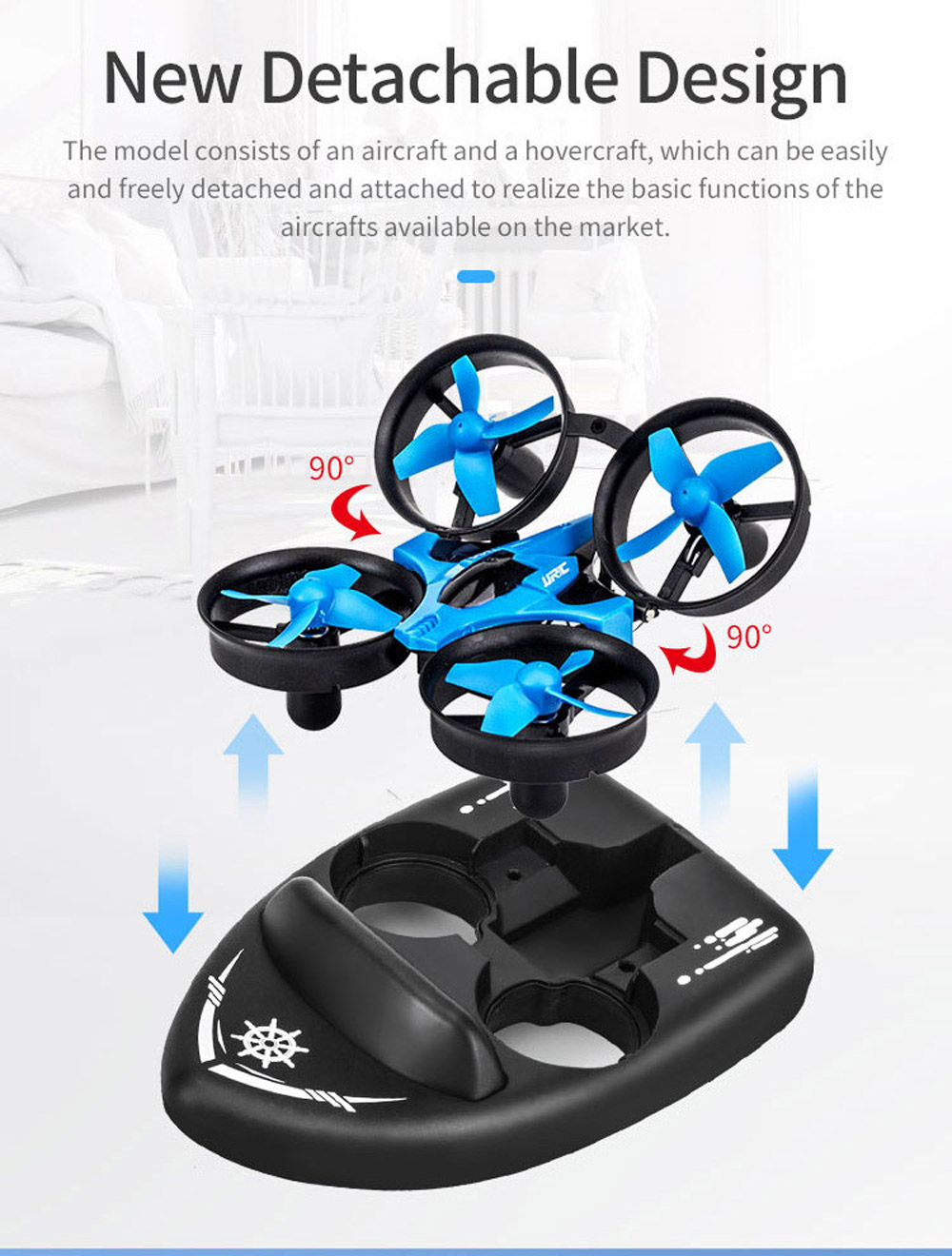 JJRC H36S 4 IN 1 Flying Drone Boat Flight Glider Hovercraft Ground Mode Detachable RC Quadcopter RTF - Two Batteries